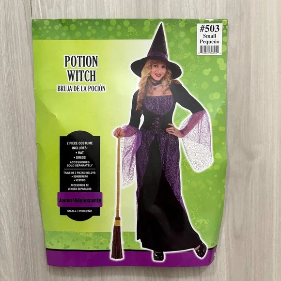 Potion Witch Girls Costume Halloween Black Purple Kids Junior Size Small Hat - Picture 1 of 10